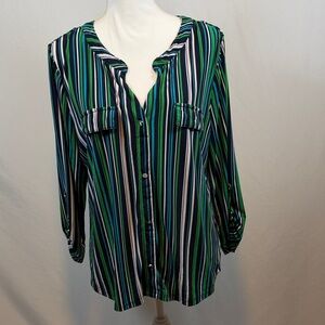 Metallic Button Down Shirt in Multicolor Stripes Green, Blue and White Size XL